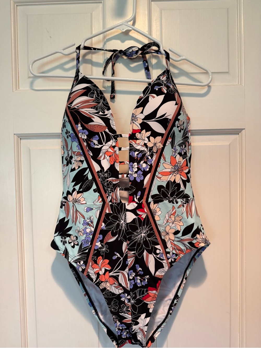 Kenneth Cole New York Black Floral Halter One-Piece Swimsuit with Mint and Coral